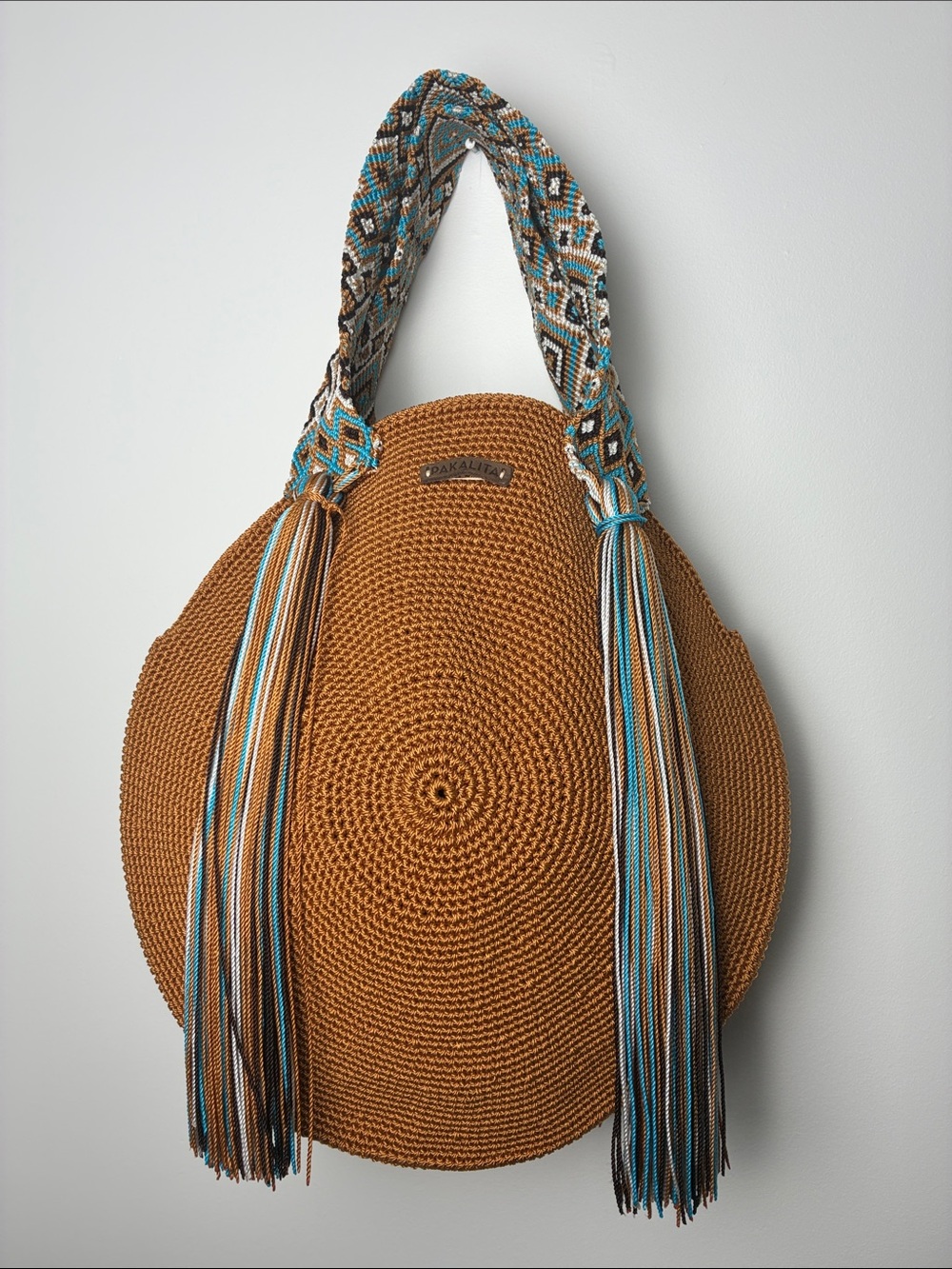 PAKALITA Woven Round Tote Bag with Tassel Straps - Brown and Turquoise